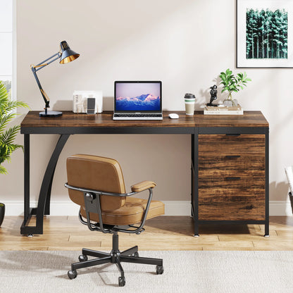 Tribesigns 59" Computer Desk with 3 Drawers - 59x19.68" Industrial Writing Table, Reversible Drawer Unit, Metal Frame, White/Rustic Brown/Walnut