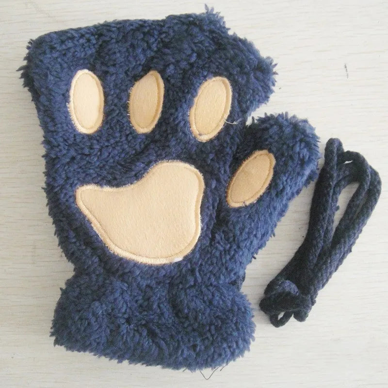 Cute Cat Paw Fingerless Mittens Plush Half-Finger Warm Fluffy Gloves for Women & Unisex