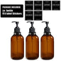500ml (16.9 fl oz) Amber Refillable Pump Bottle Set with Black Label Stickers - Shampoo, Shower Gel & Liquid Soap Dispensers for Bathroom & Kitchen