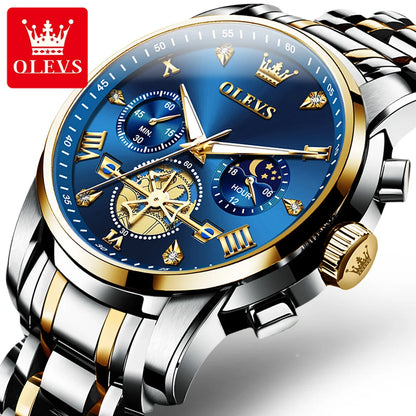 OLEVS 2856 Men's Skeleton Chronograph Watch - Flywheel Dial, Moon Phase, Steel Bracelet, 30m Water Resistant