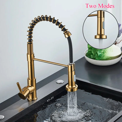 Brushed Gold Pull-Down Kitchen Faucet, Spring Spout Single-Handle Deck-Mount Hot & Cold Mixer