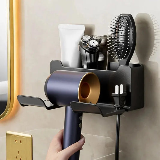 Wall-Mounted Hair Dryer & Straightener Holder – No-Drill Adhesive Hairdryer Organizer, ABS Bathroom Cradle