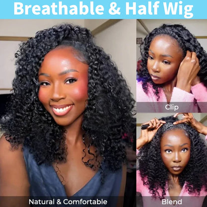 Nvnvdij Curly Human Hair Half Wig – 3-in-1 Headband Wig, 180/200 Density, 16–32 Inches, No Leave Out