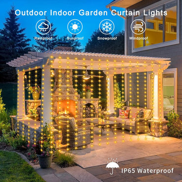 Solar-Powered Outdoor Waterproof Curtain String Lights - 300 LED Fairy Garland 9.8 x 9.8 ft (3 x 3 m) Warm White