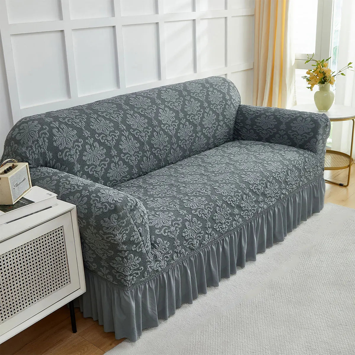 European Jacquard Sofa Slipcover with Skirt – Non-Slip, Embossed, Machine Washable (Single to 4-Seater)