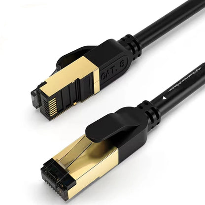 CAT8 40Gbps 2000MHz network cable with black RJ45 connectors and gold-plated inner contacts, shown on a white background with a yellow CAT8 label overlay.