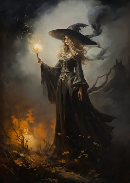 Witch Magical Art Print Witch with Full Moon Wall Decor Darkness Witches Painting Wall Decor Canvas Poster Dark Romantic Decor