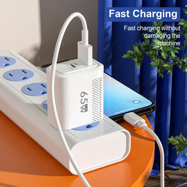 65W GaN 2-Port USB-C PD & QC3.0 Fast Charger - USB-A + USB-C Wall Adapter, EU/US Plug for Smartphones