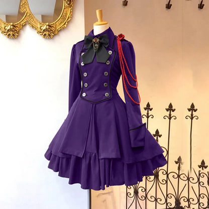 MAIGSWHOO Plus Size Gothic Lolita A-Line Princess Dress – Bow Collar, Trumpet Sleeve, Lace-Up Ruffles, Medieval Retro Style, S–5XL
