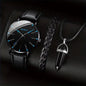 3-Piece Men's Leather Band Quartz Watch Set – 41mm Case, Necklace & Bracelet