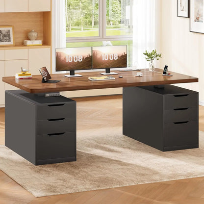 55" Electric Sit-Stand Desk with 6 Drawers - Height Adjustable 28.3"-47.2", 3 Memory Presets, 4 Power Outlets + 2 USB, 220 lb Capacity, FSC Wood Top, Black/White