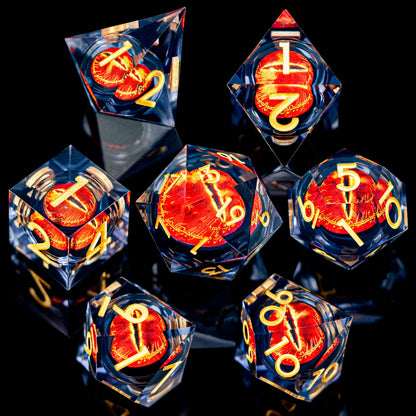 7-Piece Liquid Core Eye of Sauron Resin Dice Set Sharp-Edge D20 for D&D Tabletop RPG