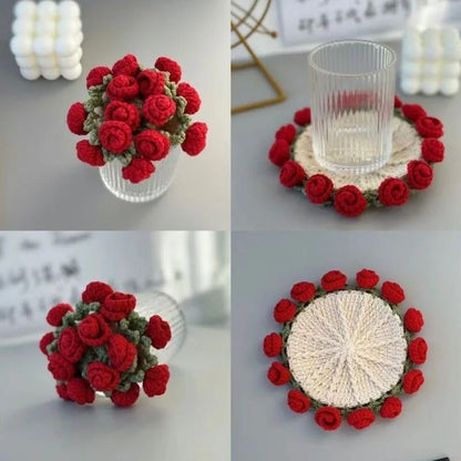 Handmade Crochet Rose Coaster, Heat-Resistant Table Mat for Valentine's Day, Romantic Wedding Gift