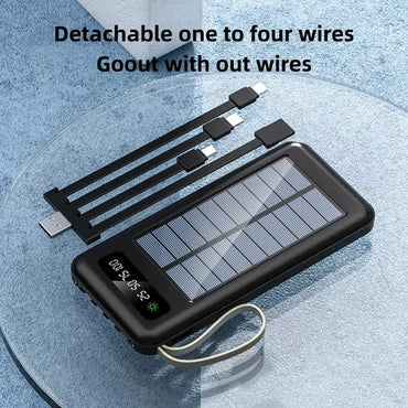 200000mAh Solar Power Bank – Large Capacity Portable Charger with Dual USB, 4 Built-In Cables, Fast Charging & LED Display