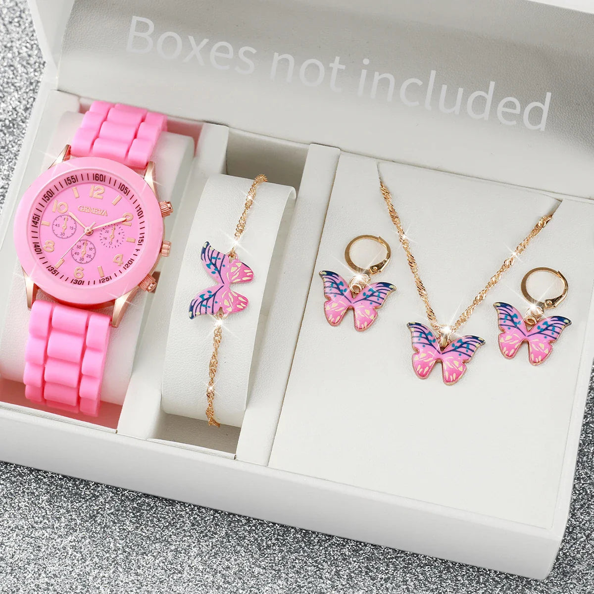 5/6-Piece Women's Quartz Watch Jewelry Gift Set – Silicone Band Watch with Bracelet, Necklace & Earrings