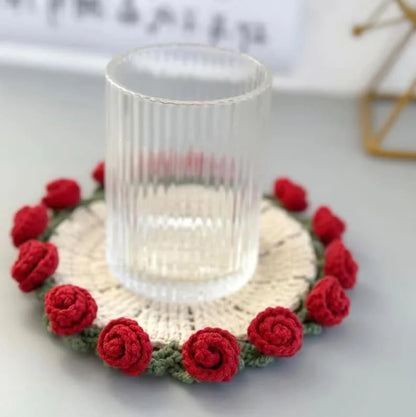 Handmade Crochet Rose Coaster, Heat-Resistant Table Mat for Valentine's Day, Romantic Wedding Gift