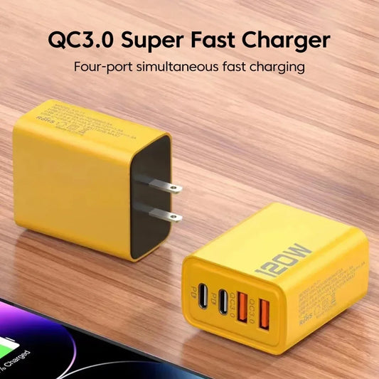 120W 4-Port USB-C PD Fast Charger Wall Adapter, 2 USB-C + 2 USB-A Quick Charge with US/EU Plugs