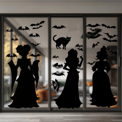 Halloween Witch Silhouette Window Clings - Extra Large 23x16" Double-Sided PVC Hocus-Pocus Witch, Bat & Black Cat Wall Stickers - Set of 3