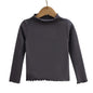 Girls Turtleneck Long Sleeve Lettuce-Edge Knit Tee – Solid Color Autumn Winter Top