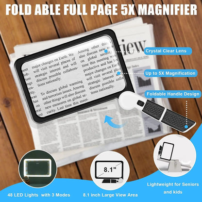 5X Rectangular Reading Magnifier 7.3 x 4.4 in (18.5 x 11.2 cm) – 48 LED Dimmable Light, Foldable Handheld for Seniors & Low Vision