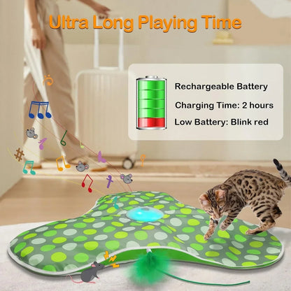 Interactive Hide and Seek Cat Toy – Motion-Activated Squeaky Mouse with Concealed Feather Wand, USB Rechargeable