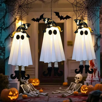 Halloween Light-Up Hanging Ghost Decoration – 3 Flashing Modes, Witch Hat & Plush Heels, 46cm, Indoor & Outdoor – 1PC or 3-Pack