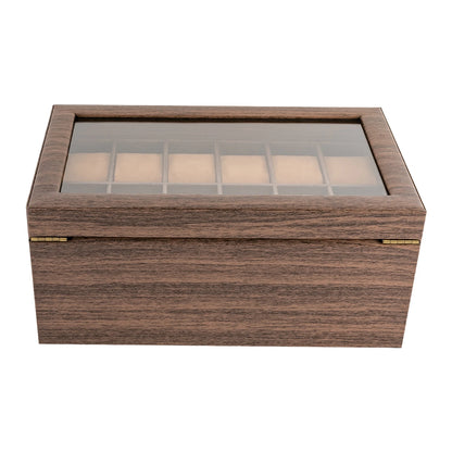 24-Compartment 2-Tier Watch Display Box with Glass Window - Rustic Brown PU & Wood, Removable Pillows, Tabletop Jewelry Organizer