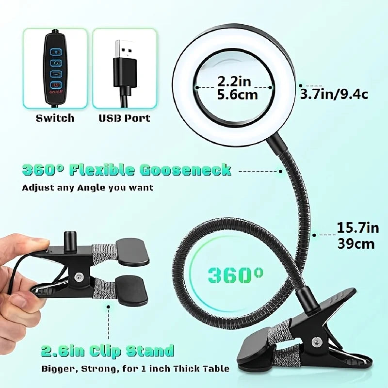 USB Clip-On Magnifying Desk Lamp, 5x Lens, Dimmable LED
