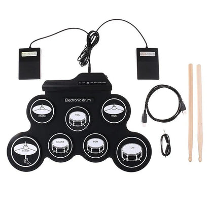Portable Folding Silicone Electronic Drum Pad USB Hand-Roll Practice Kit with Drumsticks & Sustain Pedal