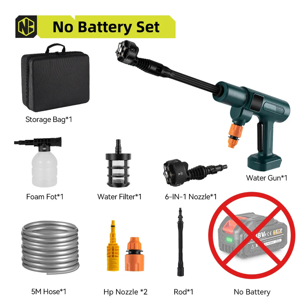 200 Bar (≈2900 PSI) Brushless Cordless High-Pressure Car Washer Gun - 6-in-1 Nozzle, 18V Battery Compatible, 5 m (16.4 ft) Hose