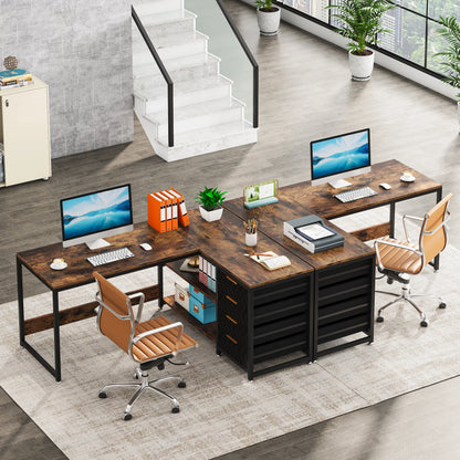 Tribesigns 59" L-Shaped Corner Desk - 4 Drawers, 2-Tier Open Shelf, Reversible, E1 Particle Board, Metal Frame, Adjustable Feet, 1-Year Warranty - Dark Gray / Chocolate / White