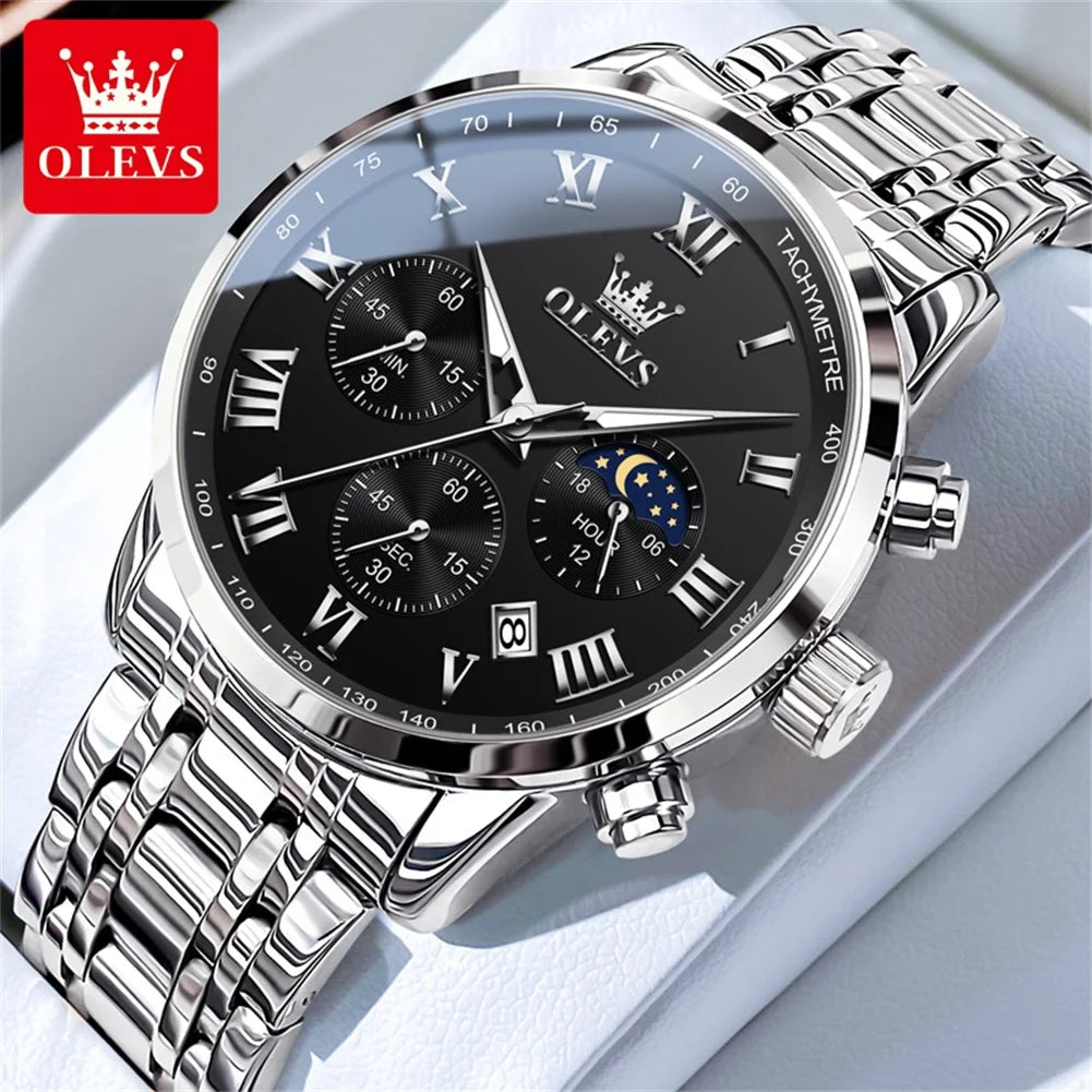 OLEVS 5529 Men's Chronograph Watch, Steel Bracelet Version - 41mm Moon Phase Dial, Auto Date, Luminous Hands, 30m Water Resistant
