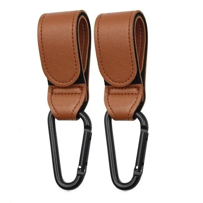 2-Pack PU Leather Stroller Hooks – Adjustable Pram Bag Hangers, Universal Diaper Bag Organizer