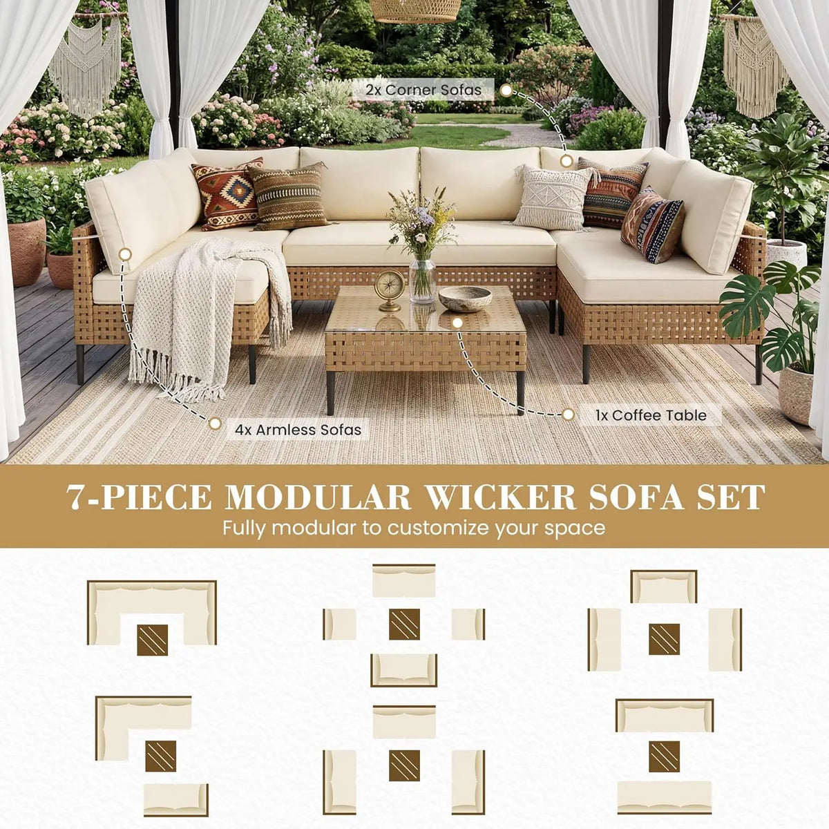 7-Piece High-Leg Modular PE Wicker Outdoor Sectional Sofa Set - Rust-Proof Frame, 4" Seat Cushions, Machine-Washable Covers, Tempered Glass Table