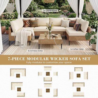 7-Piece High-Leg Modular PE Wicker Outdoor Sectional Sofa Set - Rust-Proof Frame, 4" Seat Cushions, Machine-Washable Covers, Tempered Glass Table