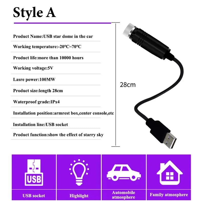 USB Powered LED Laser Starry Sky Projector Lamp for Car & Room Ceiling 5V