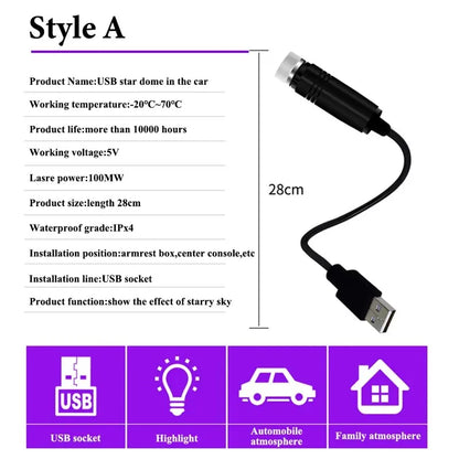 USB Powered LED Laser Starry Sky Projector Lamp for Car & Room Ceiling 5V