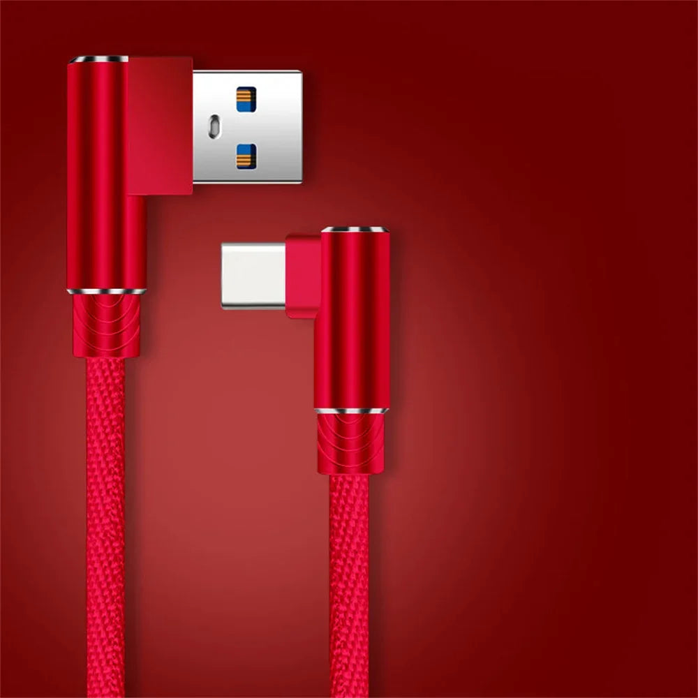 40W 5A USB-A to USB-C Fast Charging Braided Right-Angle Cable — 90° Data & Phone Charger for iOS and Android Smartphones