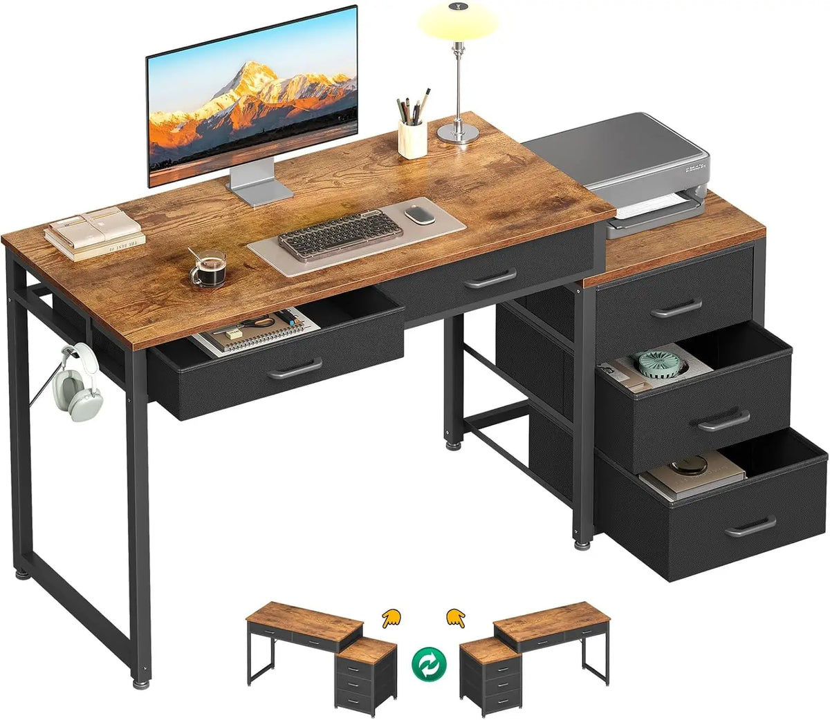 53" Computer Desk with 5 Drawers - Study Desk, Vanity Table, Home Office, Bedroom - Rustic Brown, Black, White