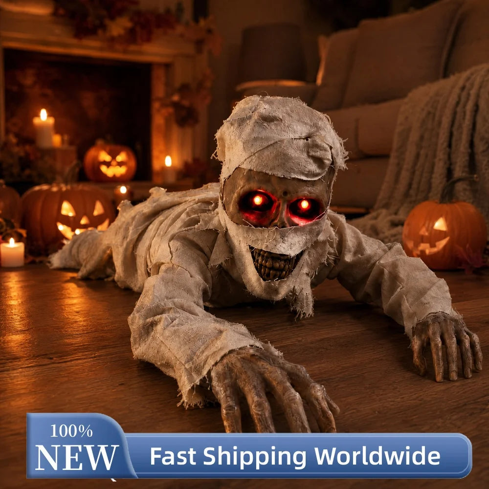 Animatronic Crawling Mummy Halloween Prop with Glowing Eyes