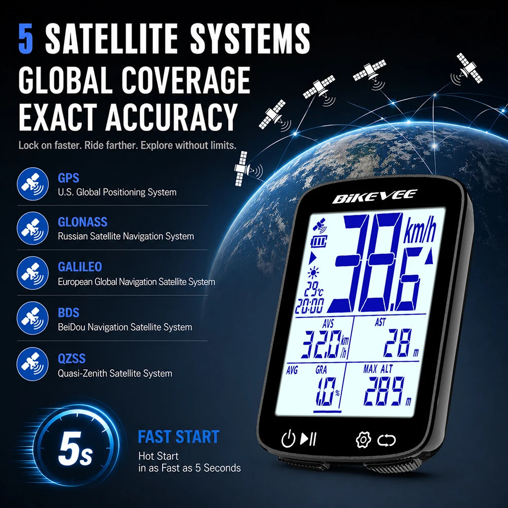 Bikevee BKV-500 GPS Bike Computer with Bluetooth 5.3 - 2.4" LCD, 28hr Battery, 5-Satellite GPS, IPX7, External Sensor Support, 50g, 2-Year Warranty