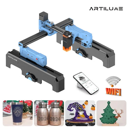 Artilume 3D laser engraving machine shown on a white background with a smartphone app screen, a WiFi icon, and four small example engravings on cups, bottles, and wall art. The main product is the machine itself, and the phone/app are supporting features rather than separate products.