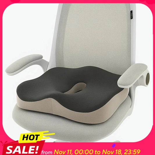 Memory Foam Seat Cushion with Center Groove – 3D Ergonomic Pressure Relief, Non-Slip Washable Cover for Office, Car & Home (Black/Grey)