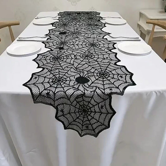 Black Halloween Spider Web Table Runner - 46 x 183 cm