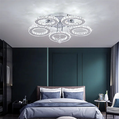 GreeLustr Modern LED Crystal Ring Chandelier – Dimmable Ceiling Pendant Light for Living Room, Bedroom & Dining Room (3 or 5 Rings)