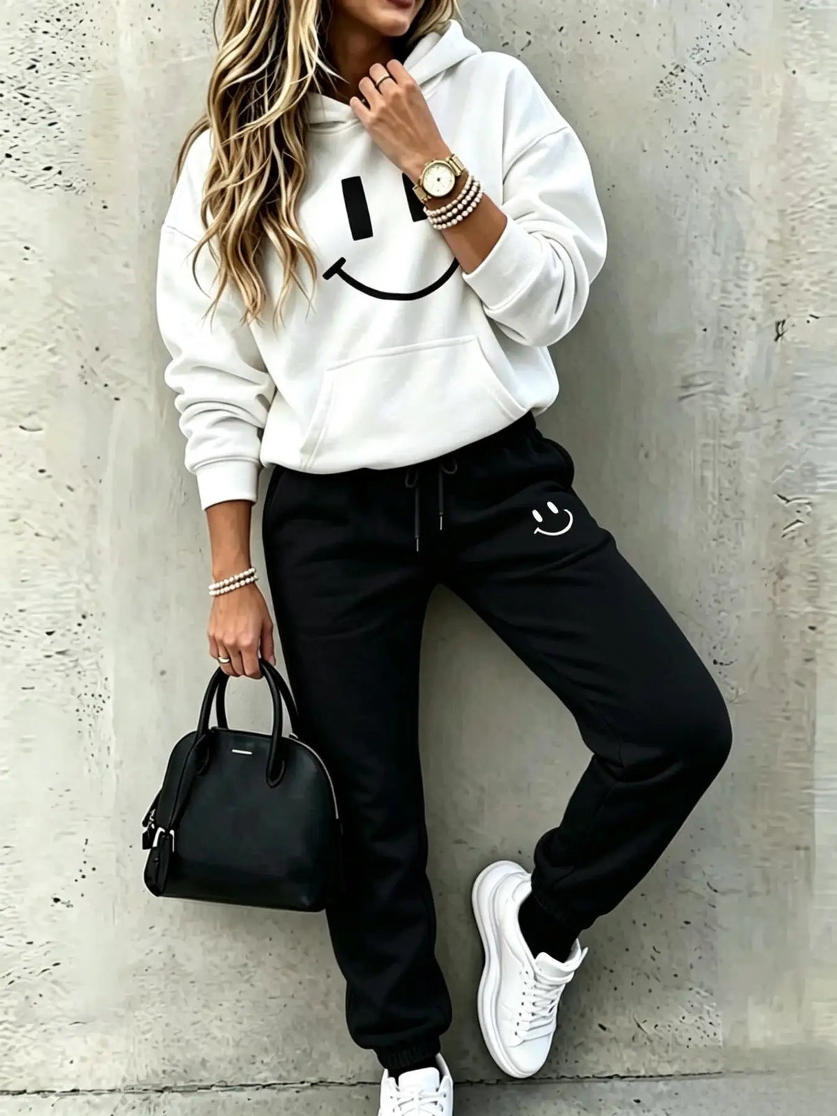 Women's Smiley Face Print 2-Piece Tracksuit Set - Pullover Hoodie + Drawstring Jogger Pants, Elastane Polyester, Medium Stretch, Autumn/Winter - 6 Colors, S to XXL