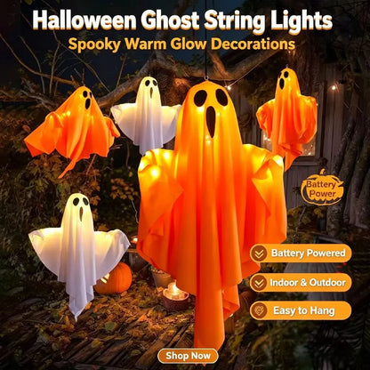 Halloween Glowing Ghost Lantern LED String Lights – Hanging Outdoor & Indoor Ghost Decor for Yard, Tree, Porch & Party – Orange, White or 2-Pack