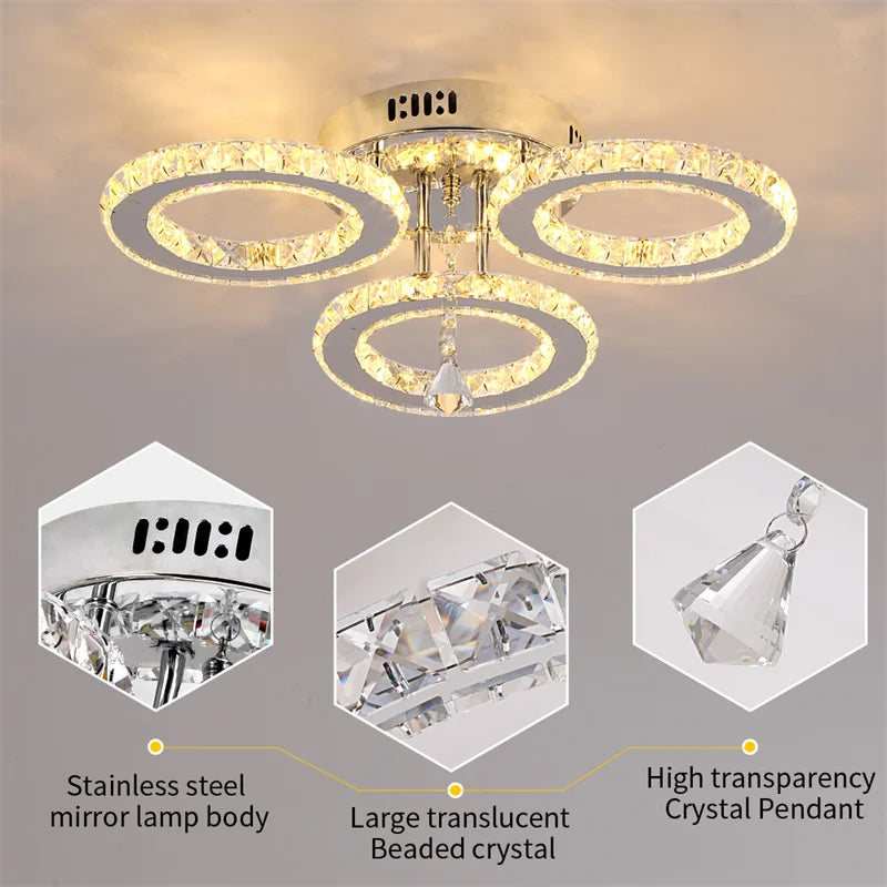 GreeLustr Modern LED Crystal Ring Chandelier – Dimmable Ceiling Pendant Light for Living Room, Bedroom & Dining Room (3 or 5 Rings)