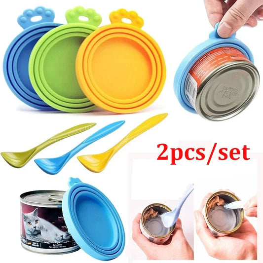 2-Piece Reusable Silicone Pet Can Lid & Spoon Set – Universal Fit (2.5/2.9/3.3 in | 6.35/7.37/8.38 cm) Airtight Seal for Dog & Cat Food