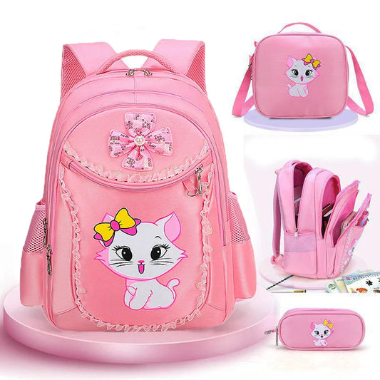 Pink Cute Cat Kids Backpack for Girls — Waterproof Kindergarten & School Bag (Ages 7-13)